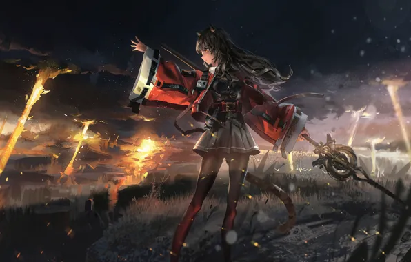 Девушка, Kimono, Tail, Arknights, Skyfire