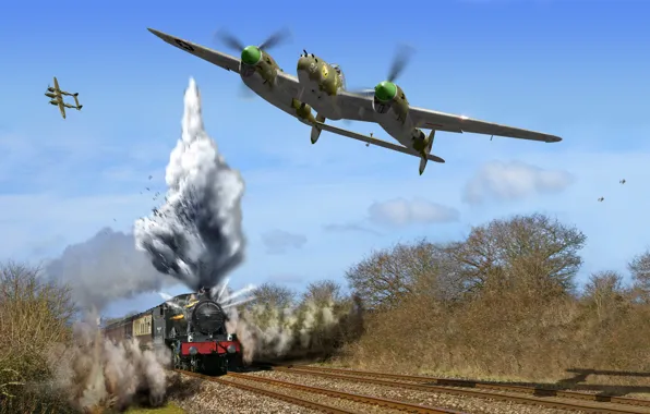 Картинка дым, рисунок, поезд, арт, истребители, пар, самолёты, WW2