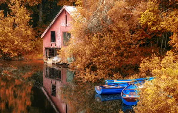 Осень, озеро, лодки, landscape, nature, autumn, leaves