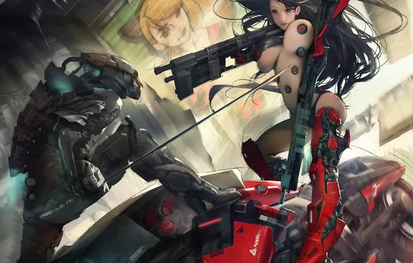 Картинка девушка, металл, оружие, робот, меч, арт, битва