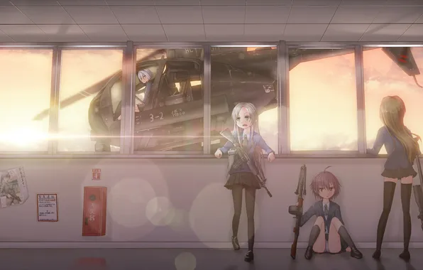 Картинка оружие, девушки, здание, окна, арт, автомат, вертолет, винтовка