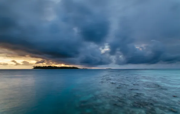 Картинка закат, океан, остров, риф, Maldives, Kihaad