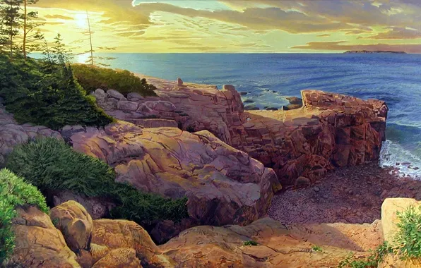 Картинка море, солнце, деревья, пейзаж, скалы