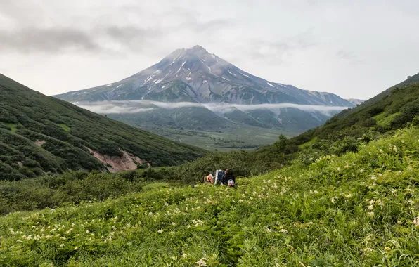 Облака, горы, природа, ущелье, Россия, туристы, Kamchatka