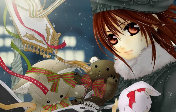 Картинка зима, снег, игрушки, заяц, медведи, vampire knight, yuuki cross, рыцарь-вампир
