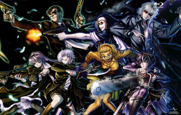 Пистолет, выстрел, Black Lagoon, автомат, монашка, эйфория, ухмылка, безумие