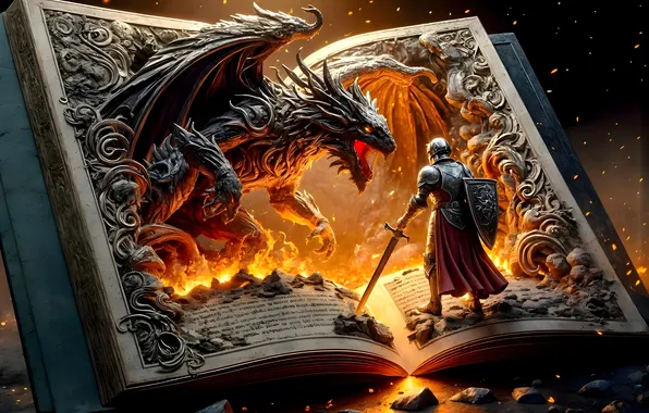 ОГОНЬ, ПЛАМЯ, КНИГА, МЕЧ, ДРАКОН, РЫЦАРЬ, ДОСПЕХИ