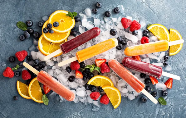 Лед, ягоды, малина, апельсины, черника, клубника, мороженое, фрукты