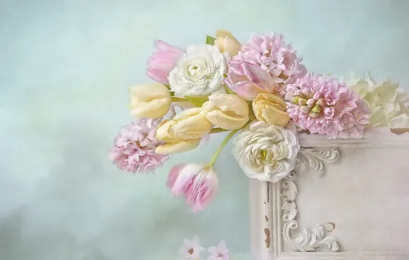 Цветы, букет, желтые, арт, тюльпаны, розовые, белые, натюрморт