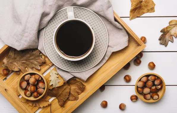 Картинка осень, листья, фон, дерево, кофе, colorful, чашка, орехи