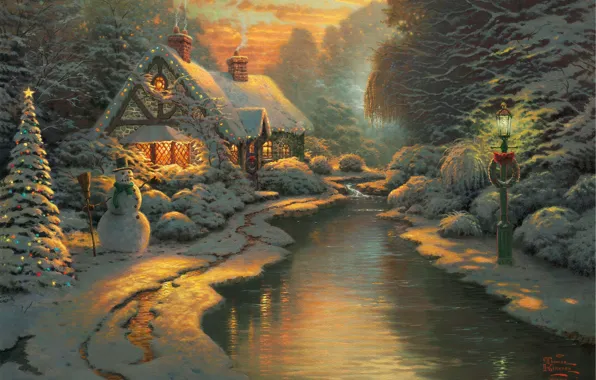 Картинка лес, снег, огни, рисунок, зимний, фонарь, домик, снеговик