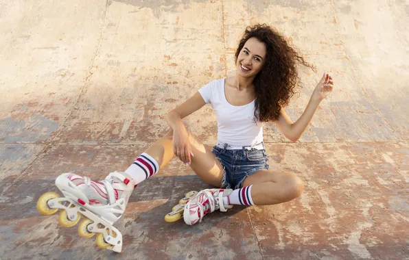 Girl, smiley, posing, her, rollerblades
