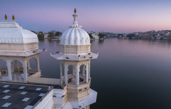 Озеро, Индия, панорама, дворец, India, Rajasthan, Udaipur, Раджастхан