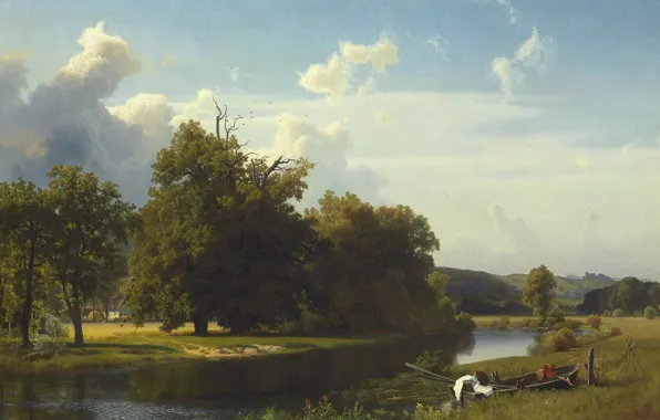 Картинка пейзаж, река, лодка, картина, Альберт Бирштадт, Вестфалия