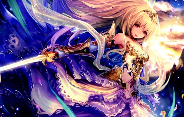Картинка девушка, оружие, крылья, меч, аниме, лепестки, арт, тиара