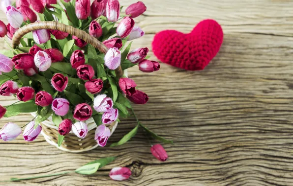 Любовь, цветы, сердце, тюльпаны, love, розовые, корзинка, vintage