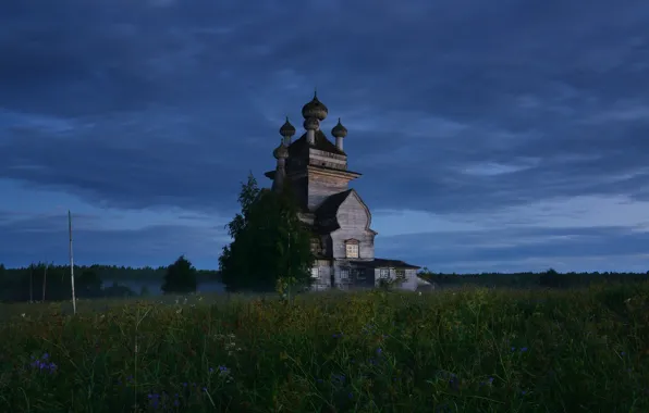 Поле, лето, небо, туман, луг, церковь, храм, сумерки