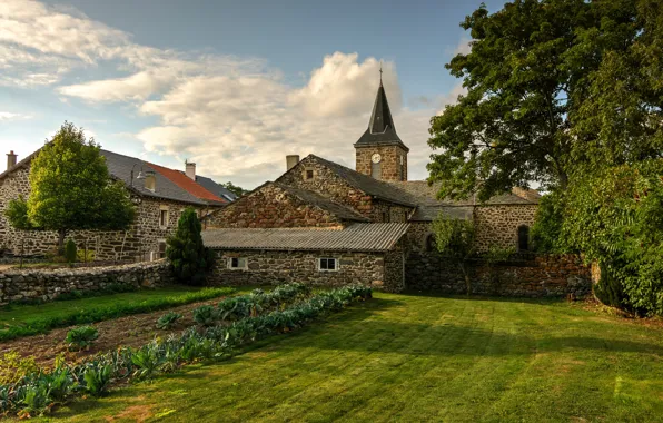 Зелень, трава, солнце, деревья, Франция, дома, Auvergne, Moudeyres