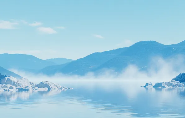 Вода, горы, фон, обои, арт, дымка, wallpaper, water