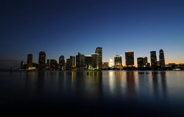 Море, ночь, мост, lights, огни, Майами, вечер, Miami