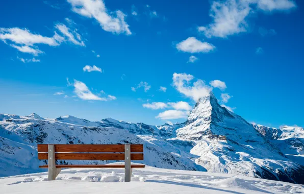 Картинка снег, горы, Швейцария, скамья, Zermatt