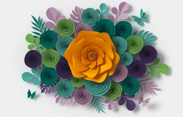 Картинка цветы, рендеринг, узор, colorful, flowers, композиция, rendering, paper