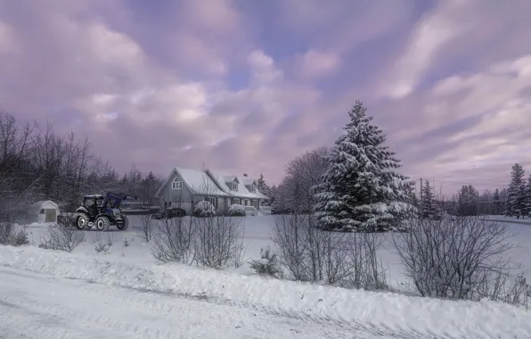 Картинка зима, дом, трактор