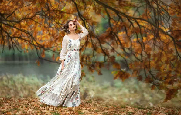 Осень, девушка, ветки, поза, дерево, настроение, платье, Анастасия Бармина