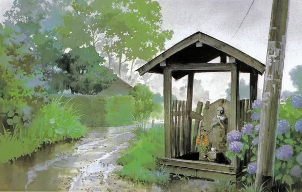 Лето, трава, деревья, дождь, дорожка, мой сосед тоторо, tonari no totoro, гортензия