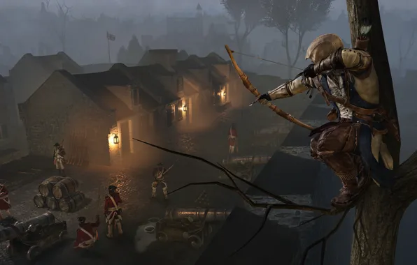 Ночь, город, люди, лук, солдаты, стрела, ассасин, Assassin's Creed III