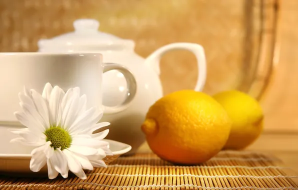 Лимон, чай, ромашка, чайник, чашка, lemon, tea