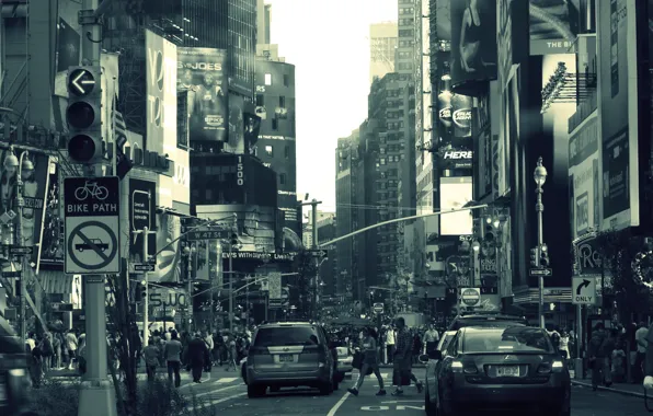 Машины, серый, люди, здания, Нью-Йорк, реклама