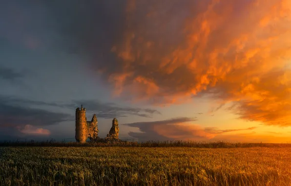 Поле, облака, закат, замок, руины