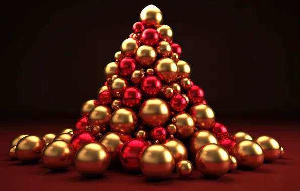 Шары, елка, Новый Год, Рождество, red, golden, new year, happy