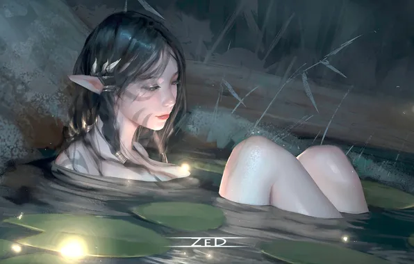 Girl, fantasy, water, night, leaves, tattoo, elf, digital art