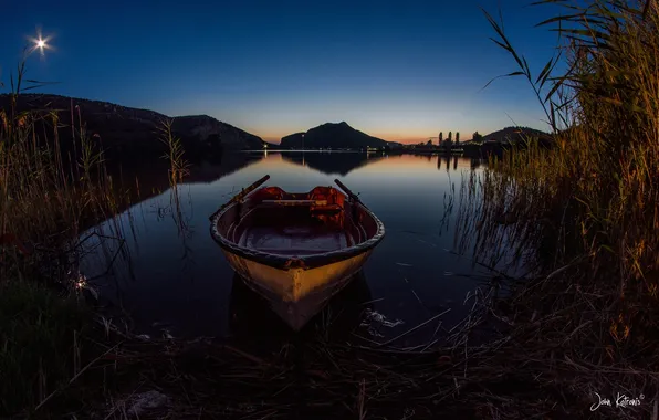 Картинка горы, ночь, природа, озеро, лодка