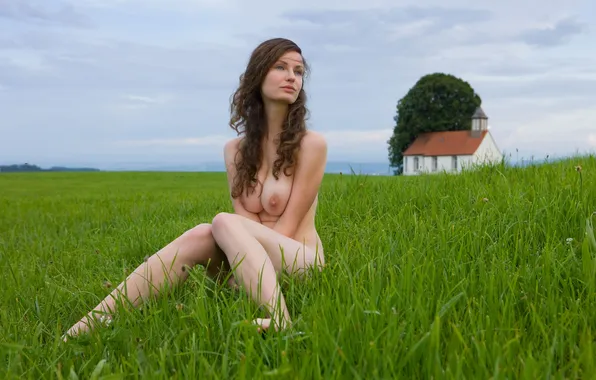 Трава, природа, дом, дерево, шатенка, нагота, кудри, susann