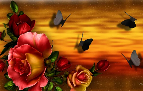Картинка бабочки, цветы, коллаж, роза, букет