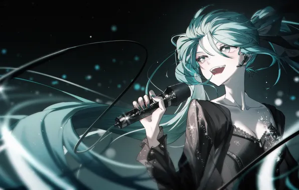 Девушка, микрофон, Hatsune Miku, Vocaloid, поет