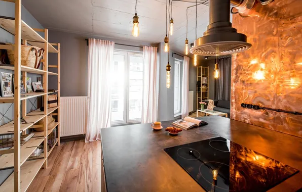 Дизайн, интерьер, освещение, кухня, стеллажи, индустриальный стиль, industrial interior design, французские окна