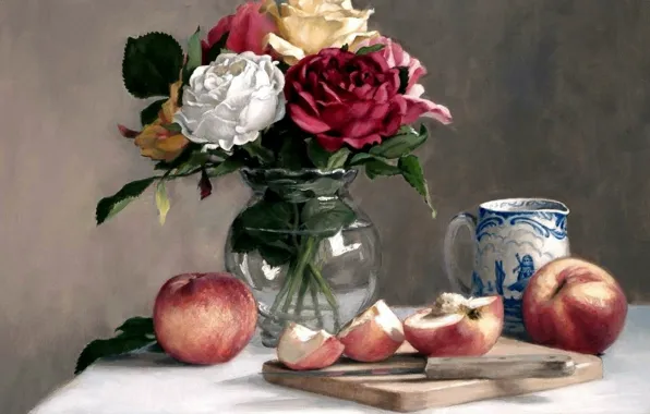 Картинка яблоки, картина, натюрморт, ваза с цветами