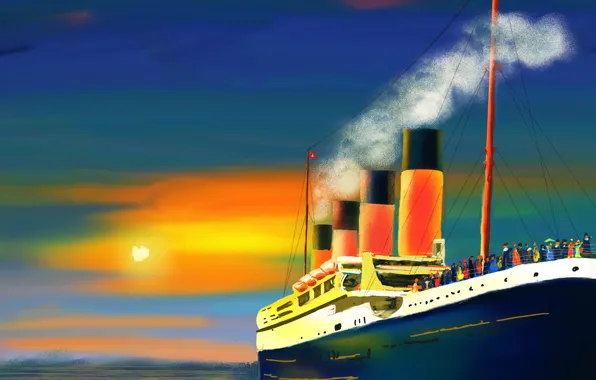Картинка море, солнце, дым, картина, труба, пассажиры, теплоход