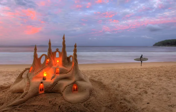 Картинка песок, море, пляж, свечи, песочный замок