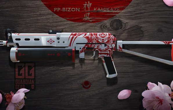 Цветы, стол, сакура, иероглифы, раскрас, cs go, gunsmith, PP-Bizon