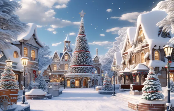 Картинка зима, снег, украшения, елка, Новый Год, деревня, Рождество, домики