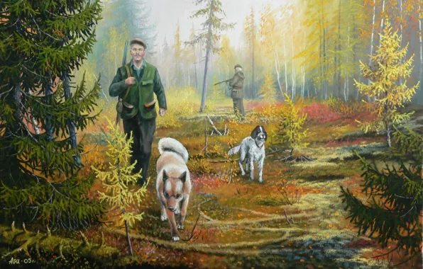 Картинка природа, собака, арт, тайга, охотник, Андрей Лях