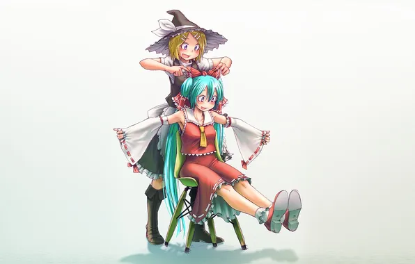 Девушки, шляпа, арт, vocaloid, hatsune miku, бант, kagamine rin, touhou