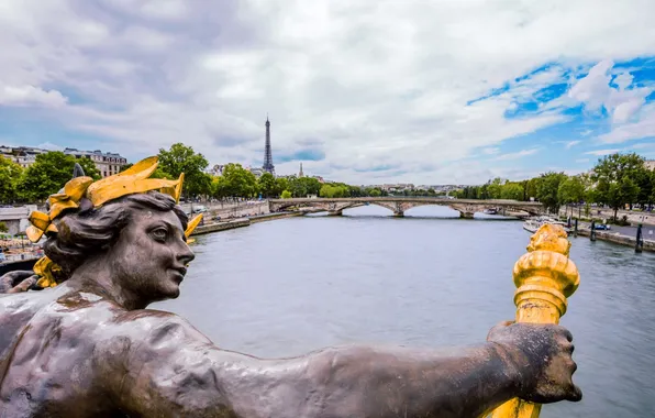 Картинка мост, река, Франция, Париж, Сена, Эйфелева башня, скульптура