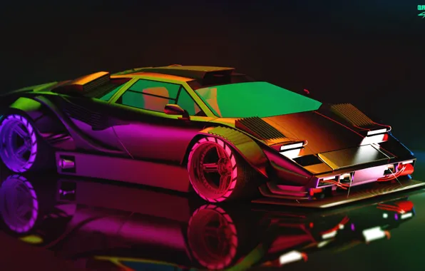 Авто, Lamborghini, Неон, Машина, Car, Art, Neon, Countach