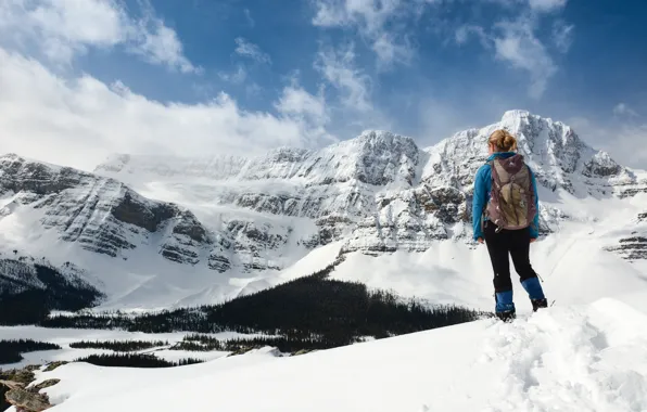 Картинка девушка, снег, горы, скалолазка